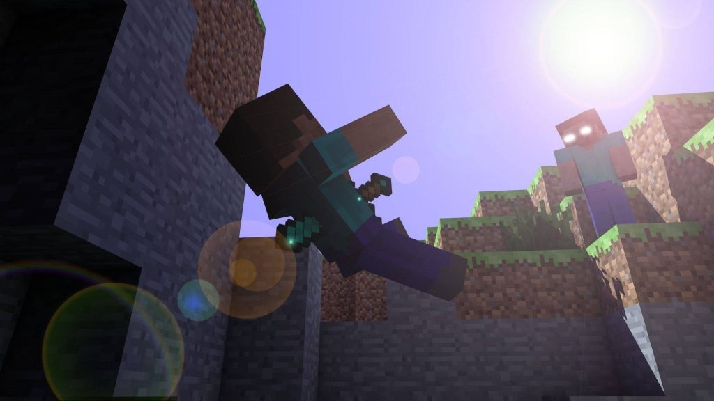 Herobrine with glowing eyes confronts Steve in dramatic Minecraft 3D sunlit terrain wallpaper