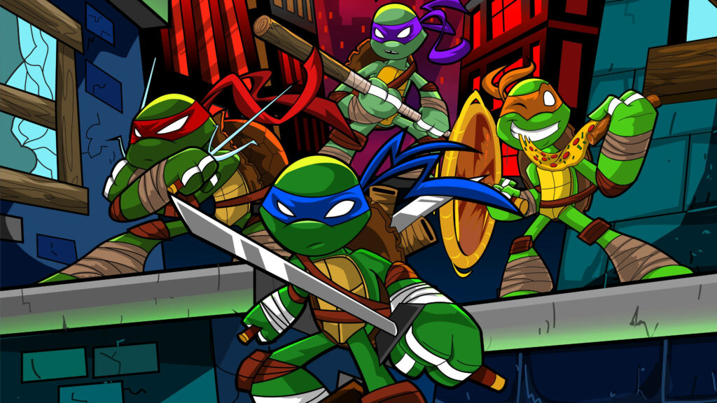 Cowabunga! Our Heroes-in-a-Half-Shell Wage Epic Battle with their Iconic Weapons - TMNT Spectacular Wallpaper