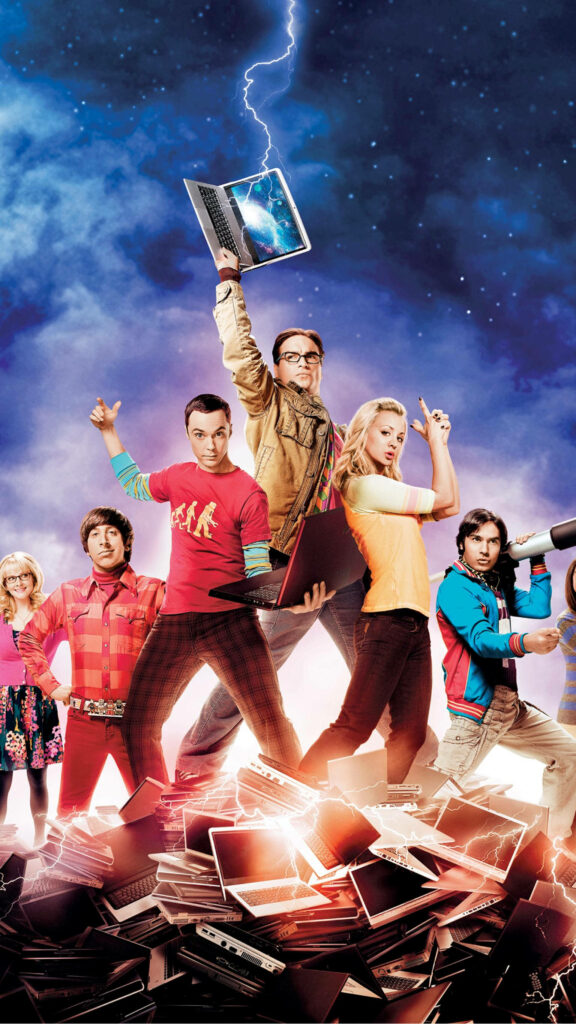 Big Bang Theory Heroes: Quirky Cast on Laptops Wallpaper Background
