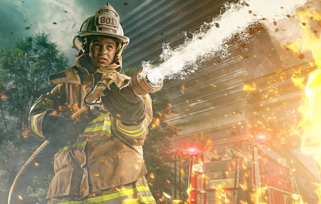 Firefighter in full gear battles blazing fire with hose near fire trucks and city buildings background Wallpaper