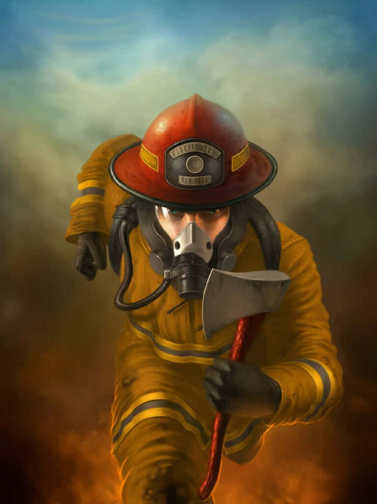Heroic firefighter in full gear charging through flames with axe digital art wallpaper background
