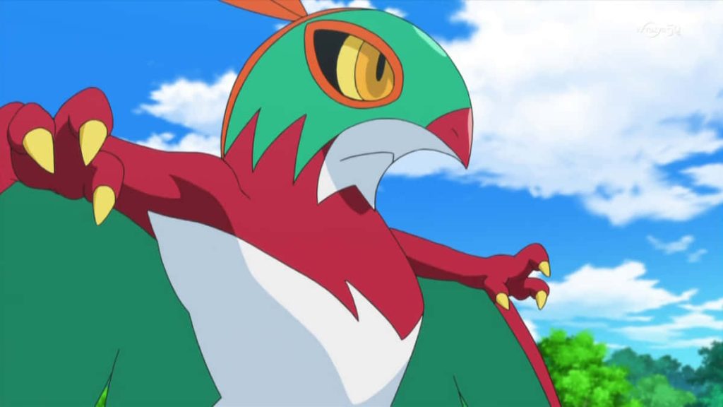 Hawlucha anime wallpaper bright blue sky vibrant red green feathers dynamic fighting type Pokemon