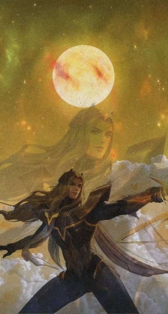 Long-haired male archer aiming bow under golden moon and mystical celestial sky fantasy wallpaper