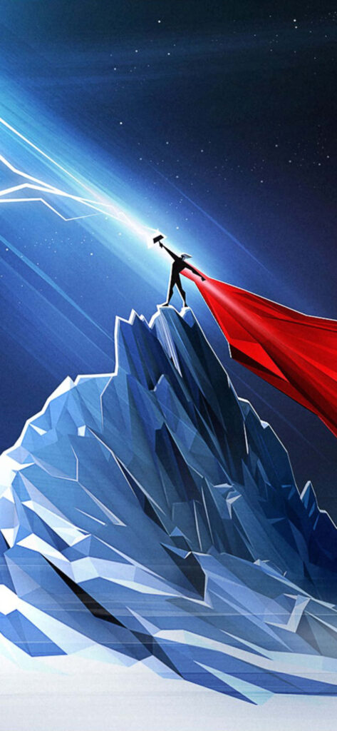 Heroic Figure on Icy Peak: Dynamic Minimalist Wallpaper Design