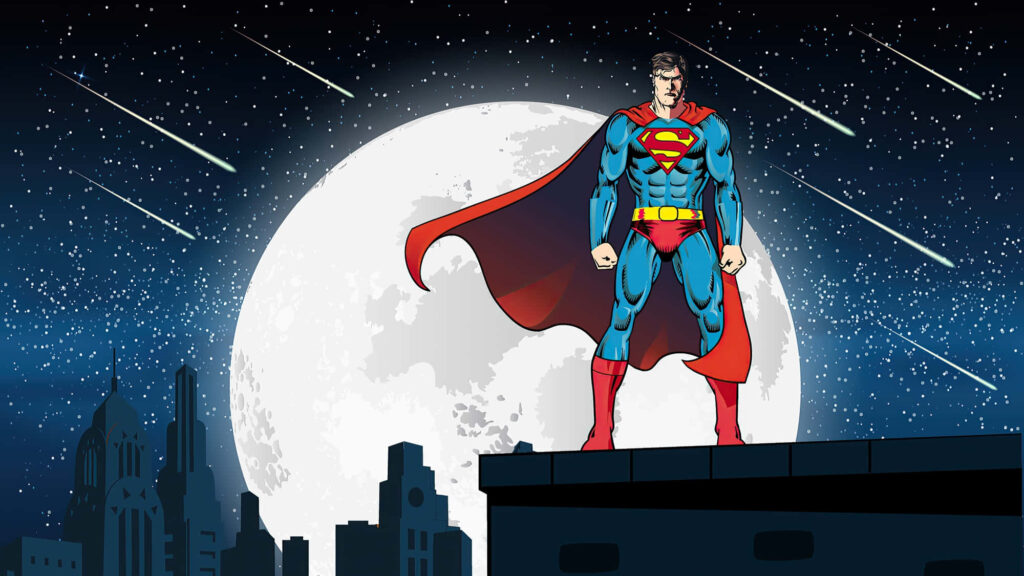 Heroic Superman on Rooftop with Full Moon - DC-Themed Wallpaper