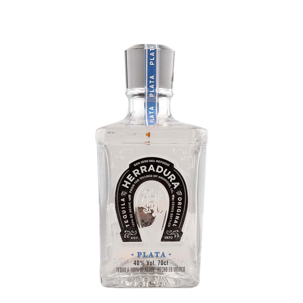 Herradura Plata Tequila bottle wallpaper with iconic horseshoe logo on white background