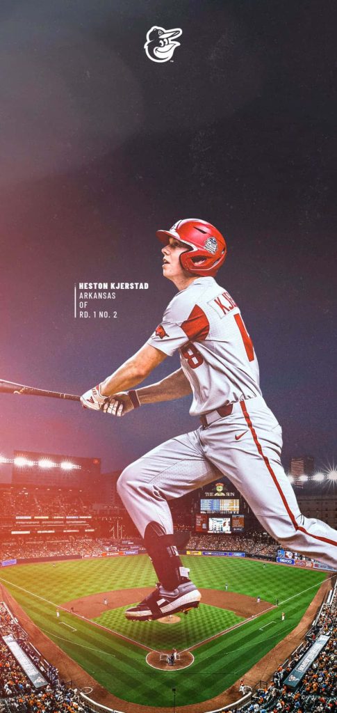 Heston Kjerstad Arkansas Razorbacks baseball mid-swing night stadium wallpaper background