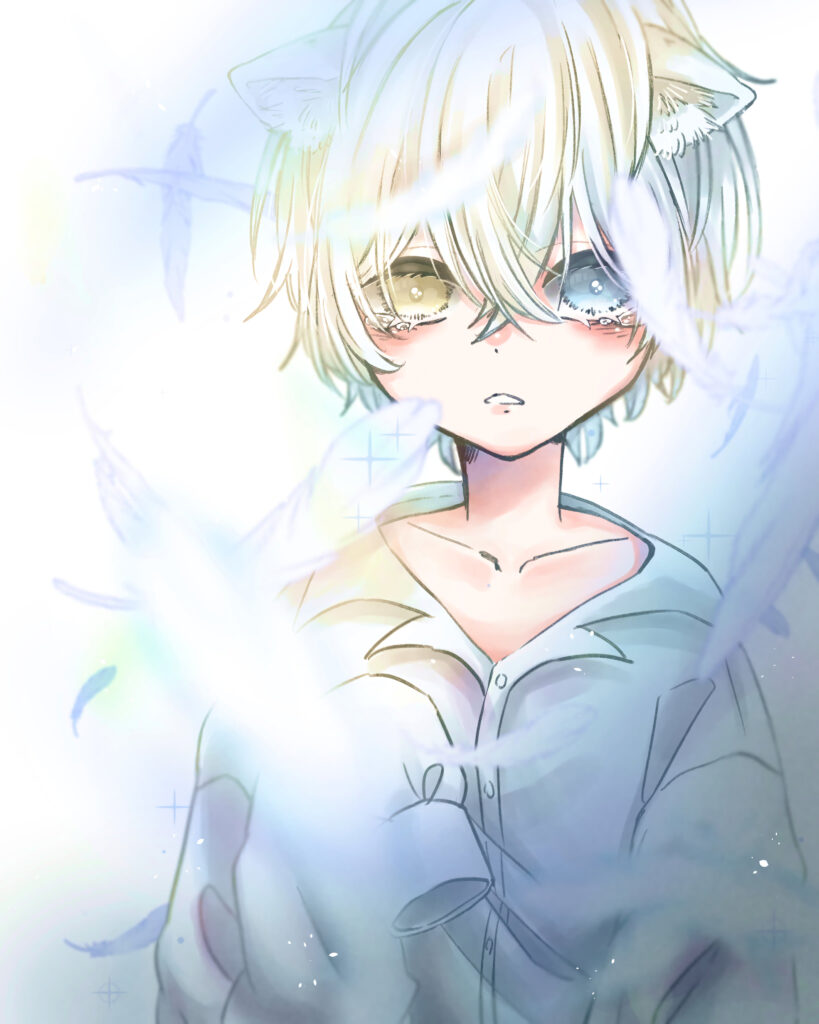 Heterochromia Girl: Ethereal Anime Wallpaper with Pastel Feathers