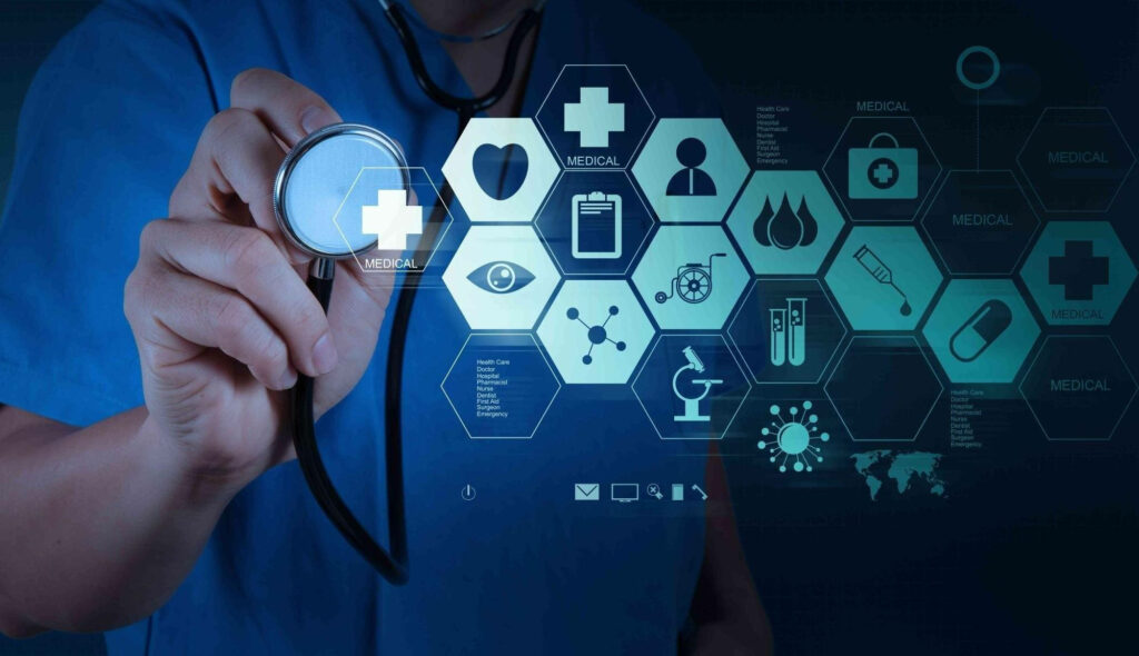 Medical Hexagon Harmony: A Vibrant Wallpaper Uniting MBBS Symbols and a Dedicated Doctor