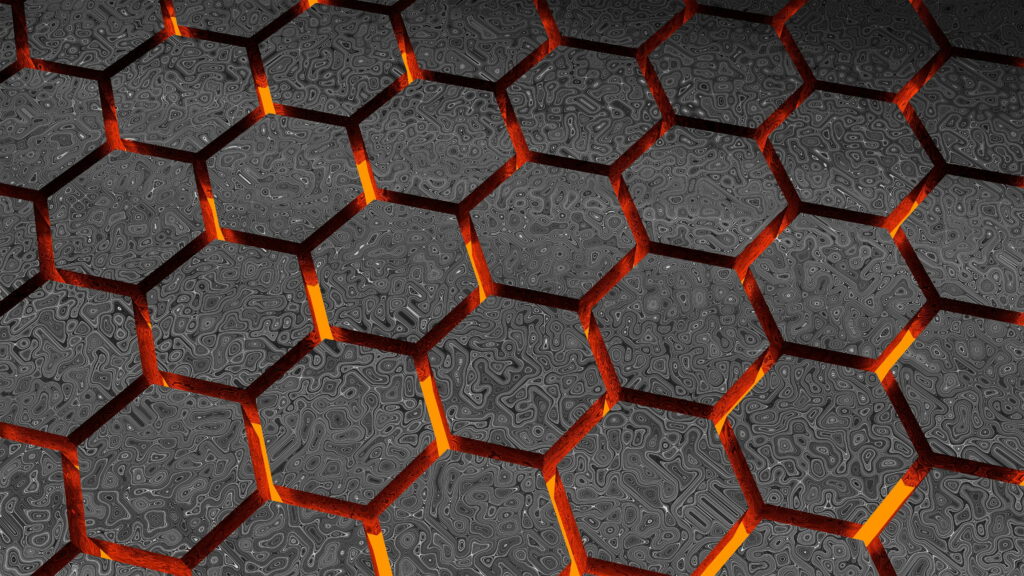 4K abstract digital wallpaper dark hexagonal grid with glowing vibrant molten lava orange light
