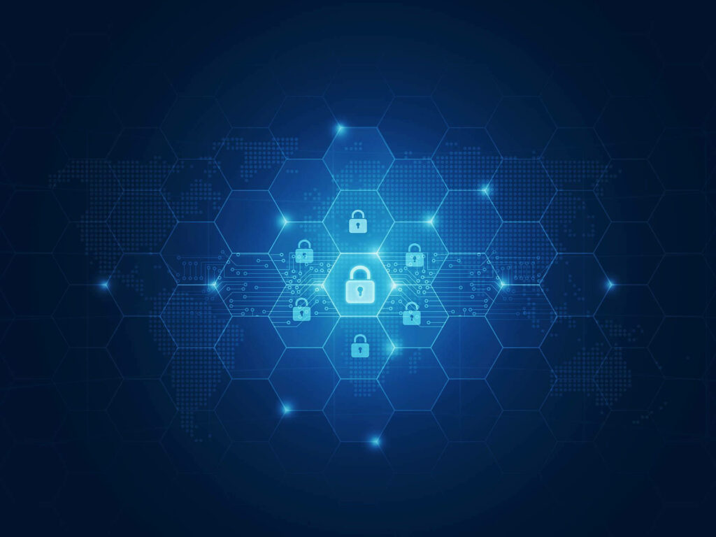 Defending the Digital Domain: An Intricate Cyber Security Emblem within a Hexagonal Blue Background Wallpaper