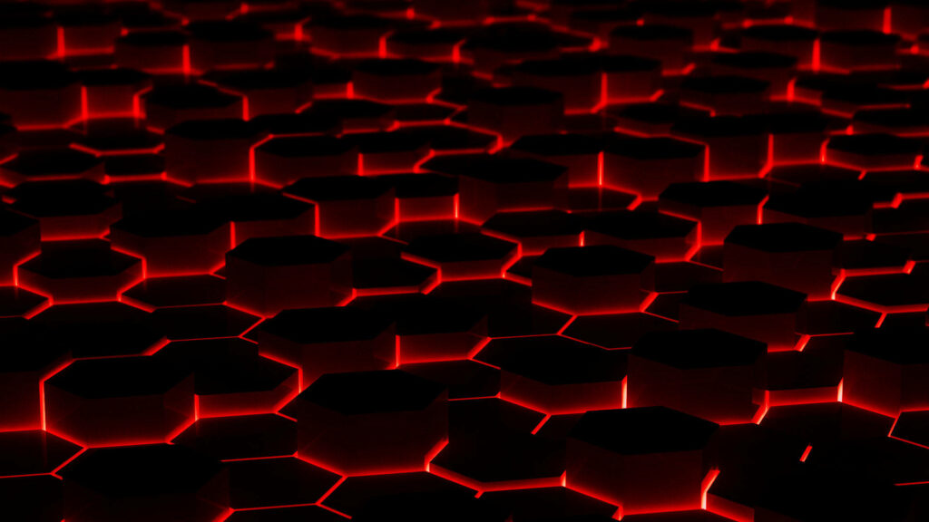 Cyber-Elegance: Intricate Hexagonal Patterns Illuminated in Red Neon on Sleek Black Desktop Wallpaper