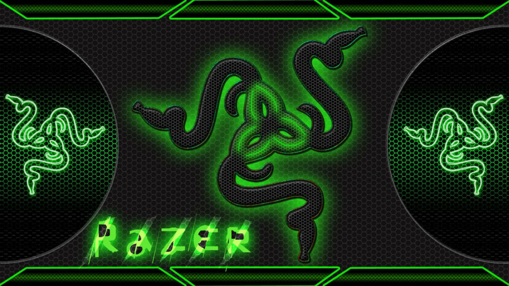 Raving Razer Trio: Vibrant Neon Green Logo Wallpaper with Hexagonal Texture