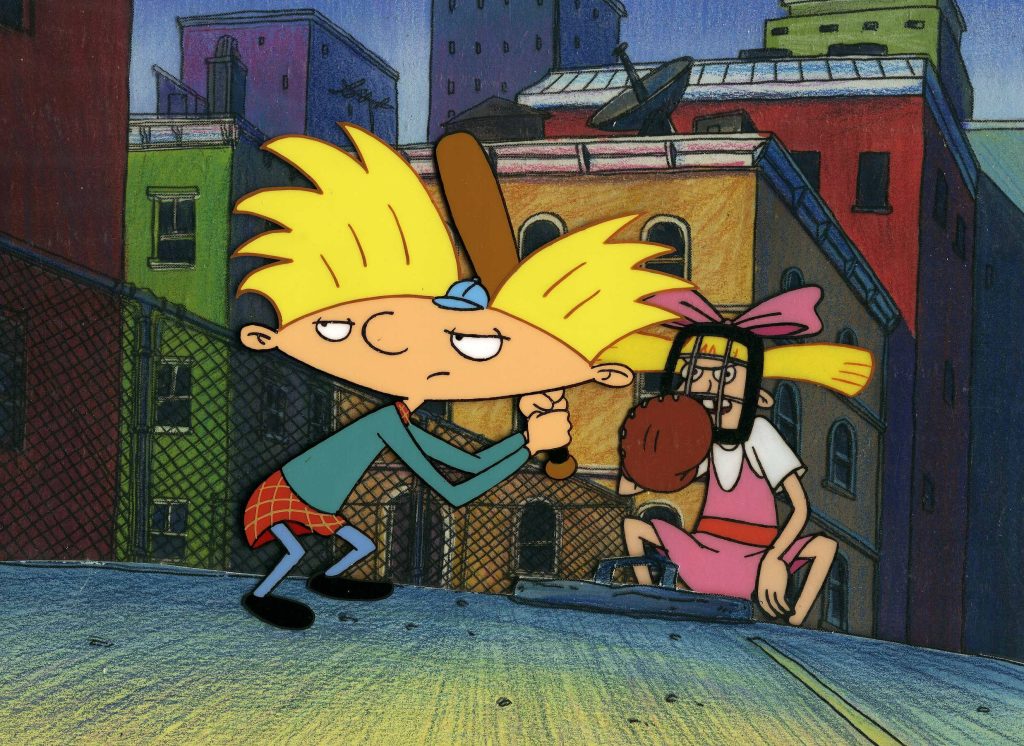 Hey Arnold wallpaper Arnold swings baseball bat Helga catcher mask colorful urban rooftop scene