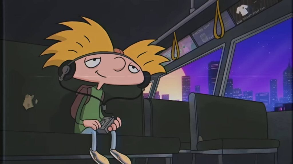 Hey Arnold wallpaper with Arnold listening to cassette player at sunset city window 90s cartoon