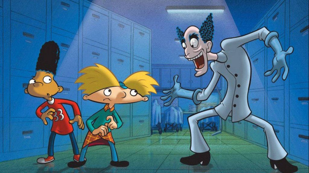Hey Arnold wallpaper with Arnold Gerald facing wild-haired Coroner in spooky locker room