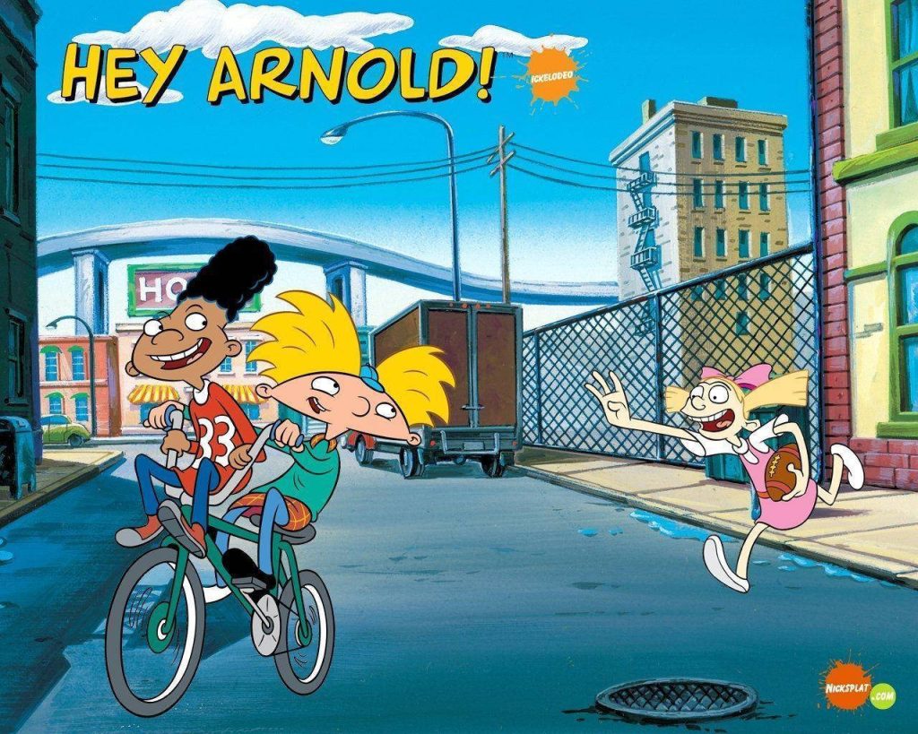 Hey Arnold vibrant cartoon wallpaper Arnold and Gerald biking with Helga chasing football