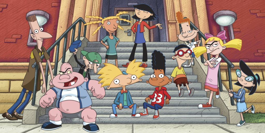 Hey Arnold wallpaper featuring Arnold Helga Gerald and friends on P.S 118 steps vibrant scene