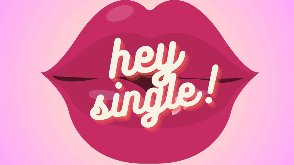 Vibrant digital wallpaper with bold fuchsia lips on pink gradient and playful hey single text