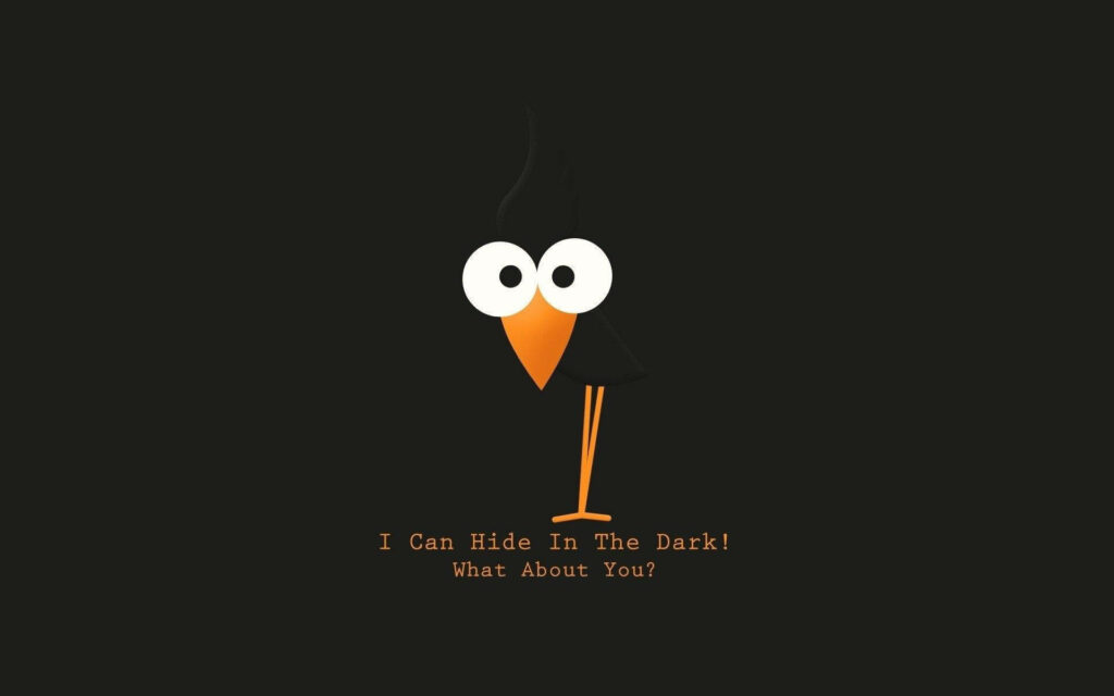 Minimalist cartoon wallpaper with quirky black bird and witty hide in the dark text on dark background