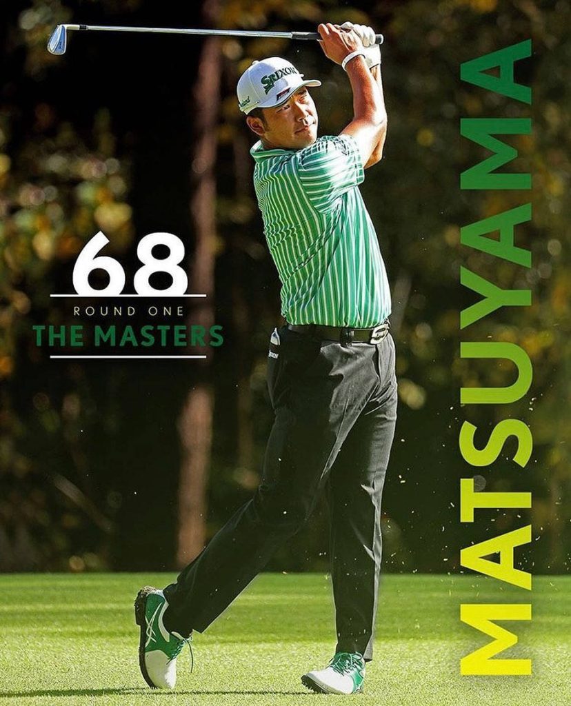 Hideki Matsuyama mid-swing Masters wallpaper green golf course Round One 68 professional golfer