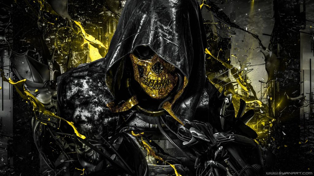Higgs Monaghan digital art wallpaper with golden skull mask black gold cinematic background
