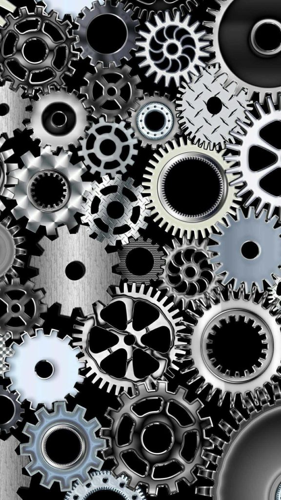High-contrast 3D digital art wallpaper of metallic gears and cogs in silver and black tones