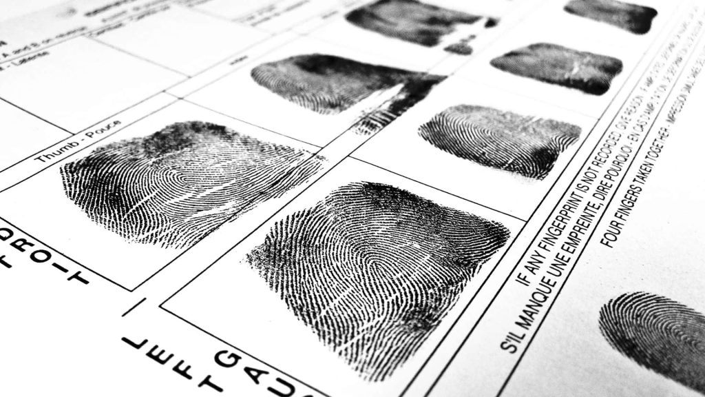 Close-up of official fingerprint record card showing detailed black fingerprint patterns and forensic grid lines Wallpaper
