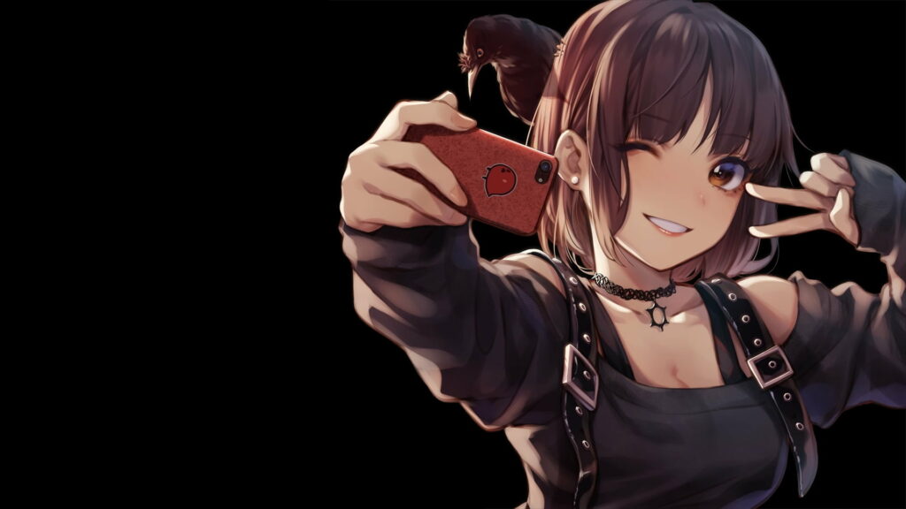 Digital Gaze: A Stunning HD Wallpaper of a Female Manga Character Holding a Smartphone Illustration