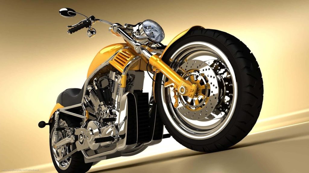 High-definition 3D digital art of sleek yellow cruiser motorcycle with chrome details on warm background Wallpaper
