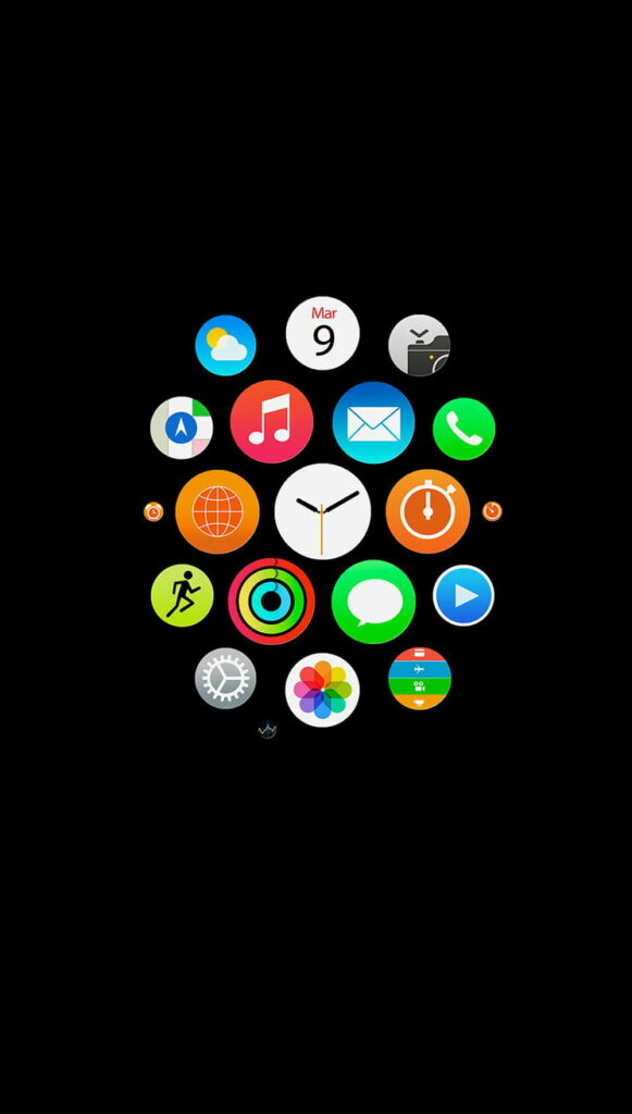 Apple Watch app grid wallpaper with vibrant icons on sleek black background for smartphones