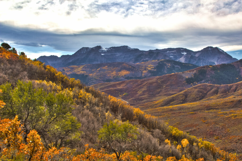 Scenic autumn mountain landscape with layered colorful trees and dramatic cloudy sky wallpaper