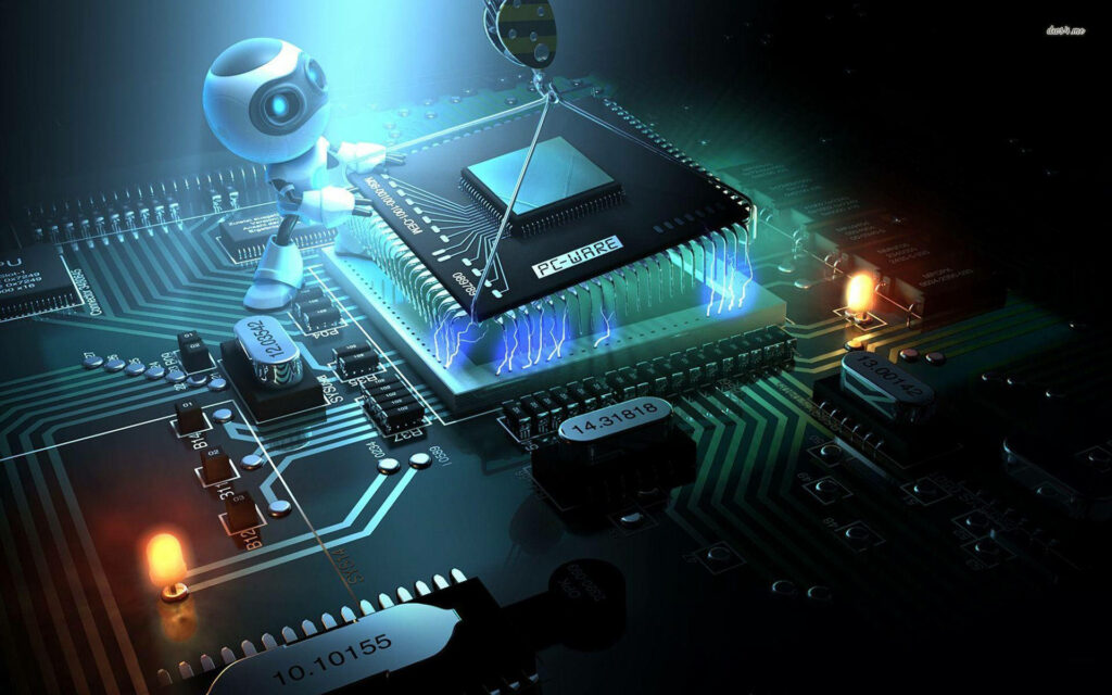 Intricate Computer Chip Wallpaper with Futuristic Robot - HD Background