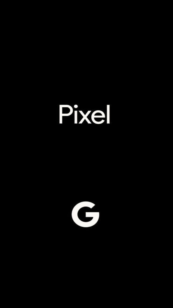 Minimalist Google Pixel wallpaper with white Pixel text and Google G logo on black background