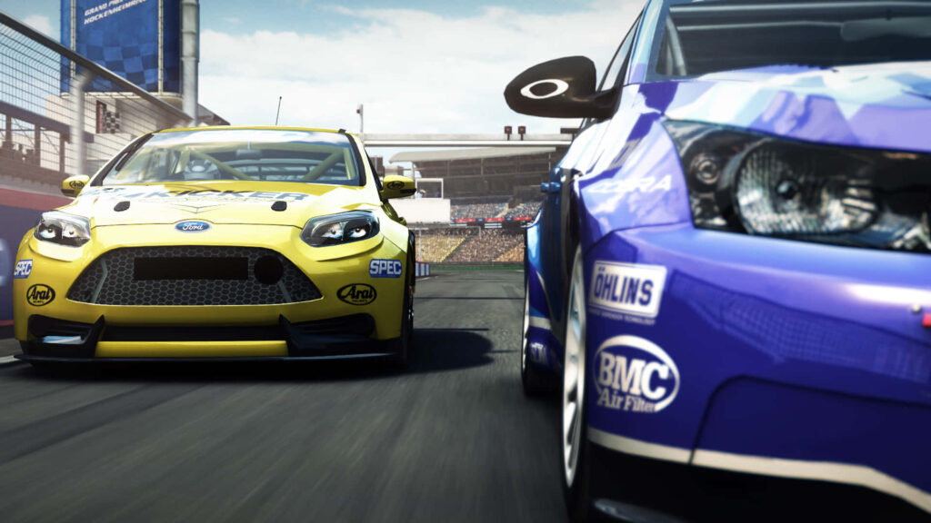 High-res Grid Autosport wallpaper: Intense race moment with yellow hatchback and blue car on sunlit racetrack