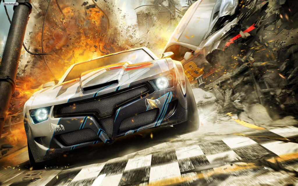 Thrilling Racing Wallpaper: Cars in Mid-Air Amid Explosions