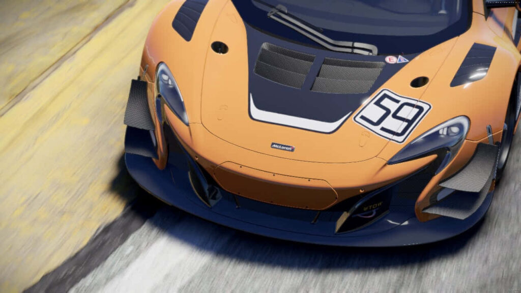 High-performance orange race car number 59 speeding on sunlit track in Project Cars wallpaper