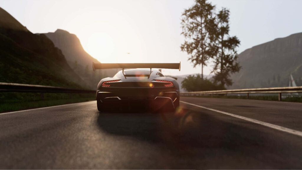 High-performance race car speeding at sunset on mountain road Project Cars racing wallpaper