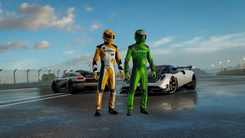 Racer Avatars from Forza Motorsport 7 on a Wet Racetrack Wallpaper