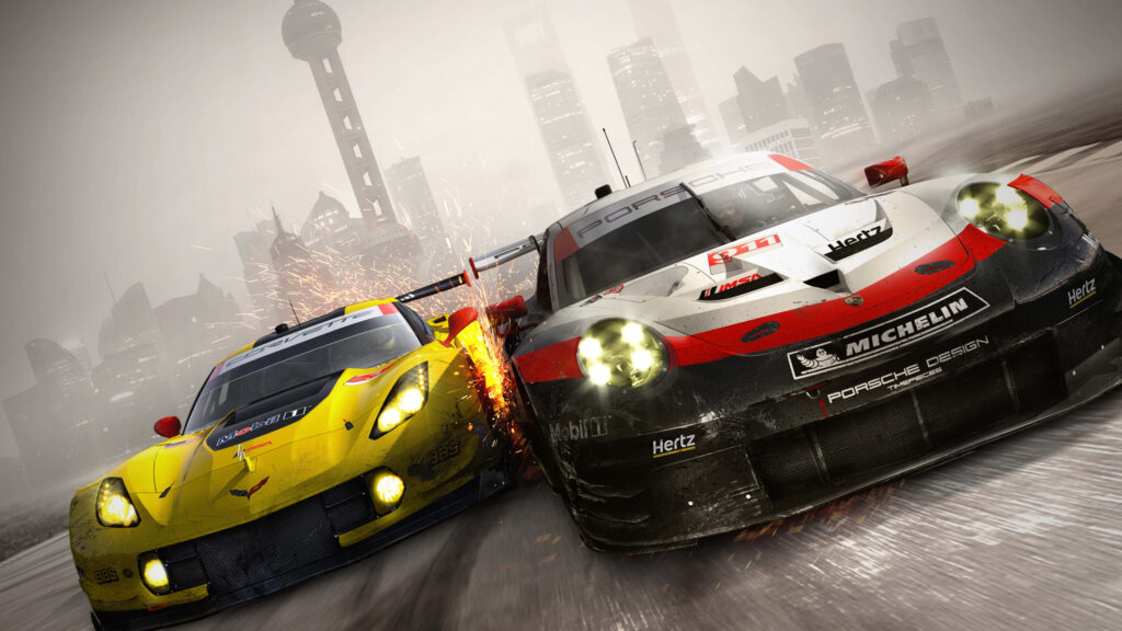 Close-up of two high-performance rally cars racing side by side on city street in 8K detail Wallpaper