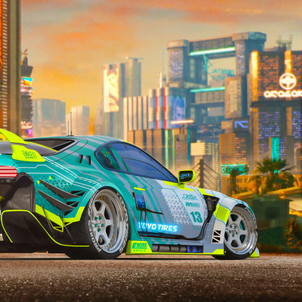 High-performance sports car with vibrant graphics in futuristic neon cityscape under golden sky Wallpaper