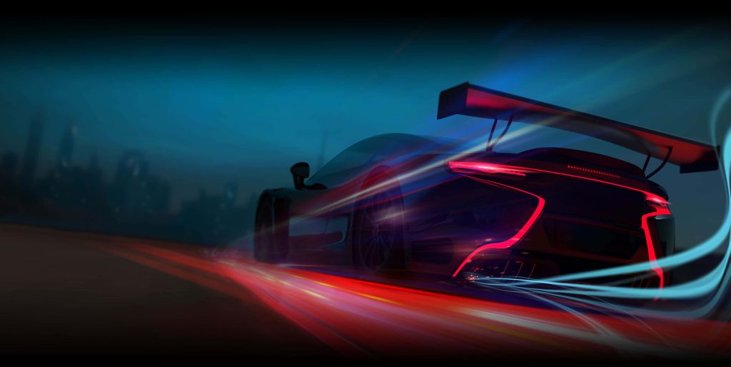 High-performance sports car racing at night with neon red taillights and motion blur trails Wallpaper