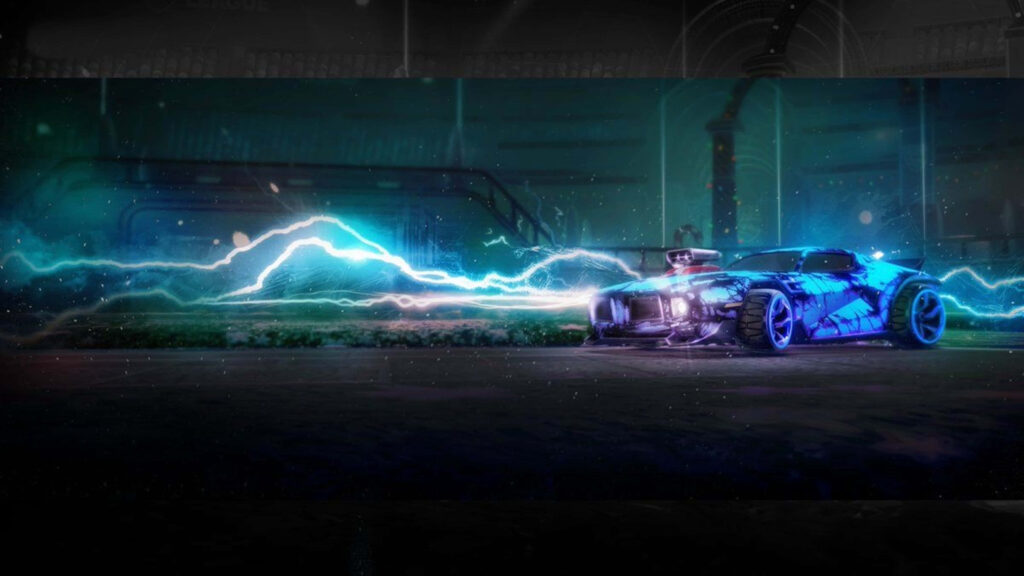 The Electrifying Ride: Lightning-Charged Rocket League-inspired Vehicle in Mesmerizing 4K Digital Art Wallpaper