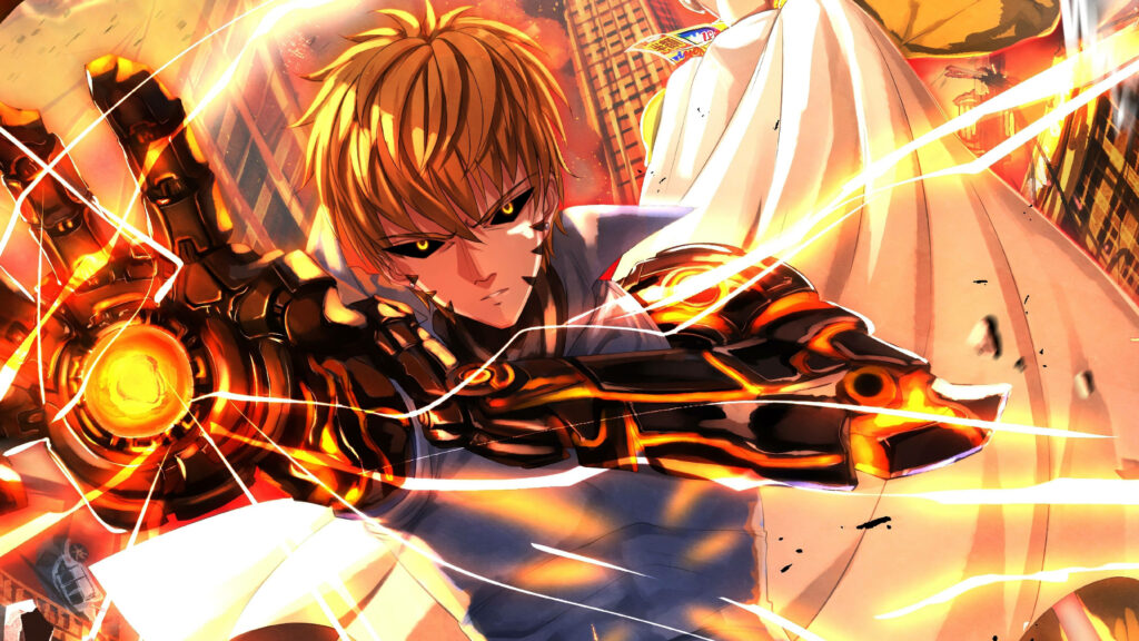 4K Genos Wallpaper: Dynamic One Punch Man with Fiery Background