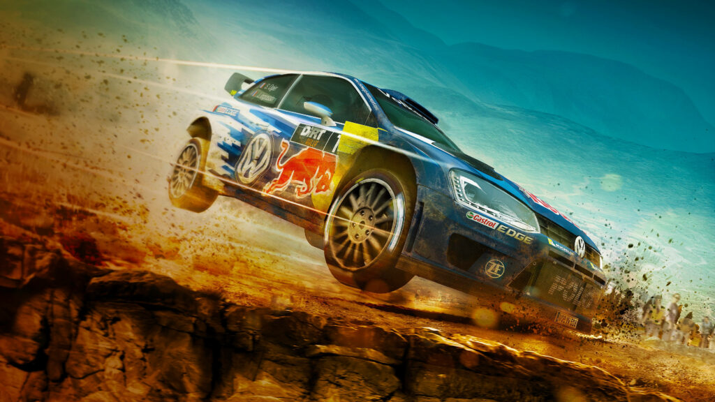 Stunning Shot of a Volkswagen Golf Racing Through Dirt Rally with Striking Red Bull Decal Wallpaper