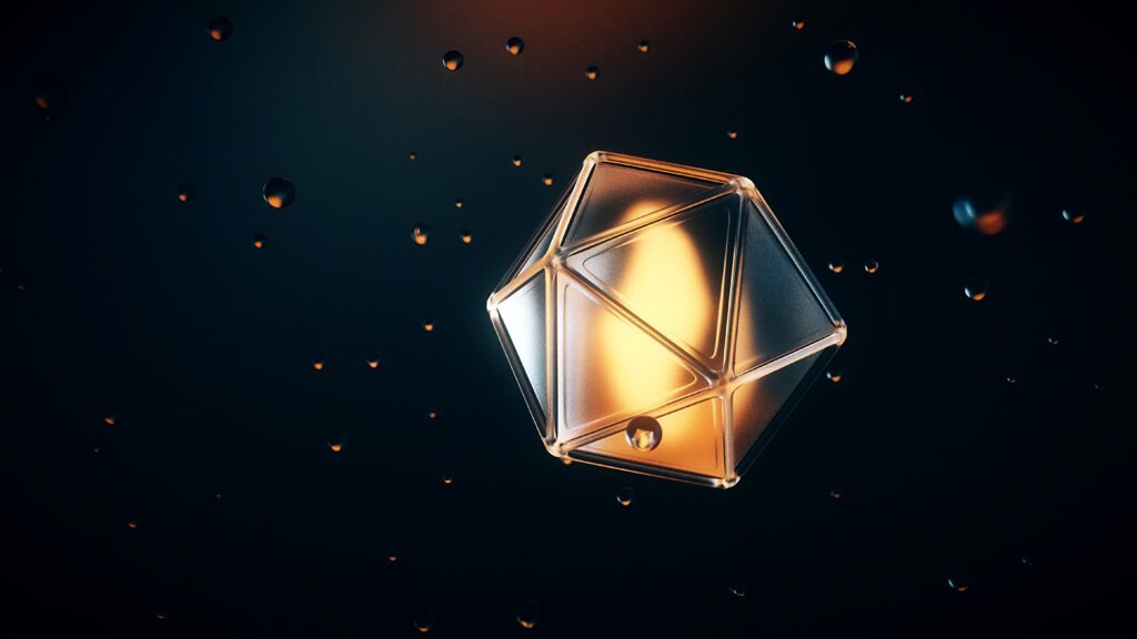 3D Polyhedron Wallpaper with Reflective Surfaces and Luminescent Bubbles
