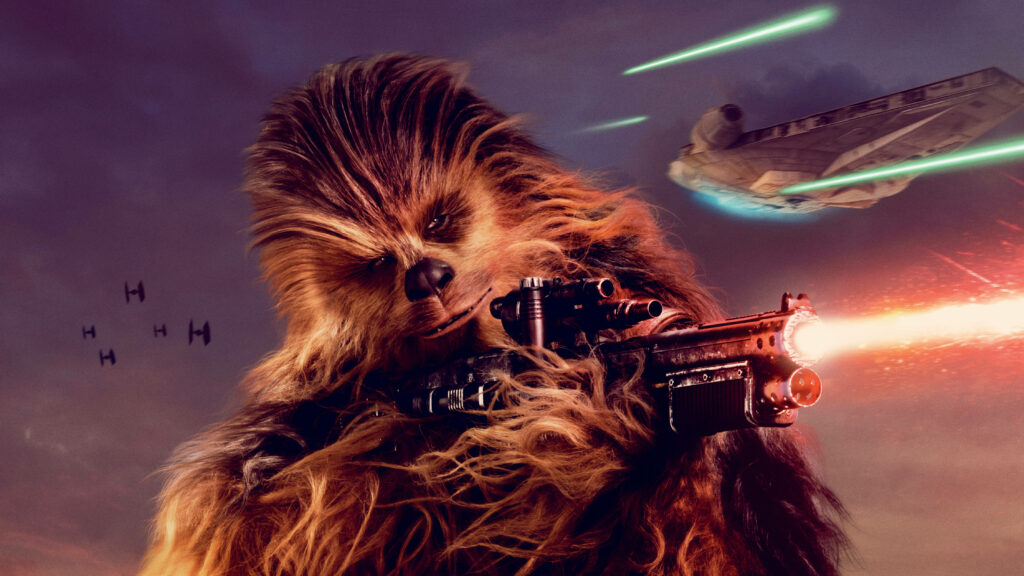 High-Res Star Wars Wallpaper: Chewbacca in Action with Spaceships