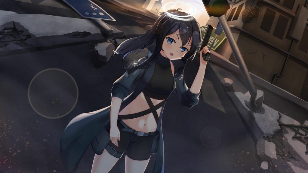 Intense Anime Girl with Gun in Post-Apocalyptic Urban Wallpaper