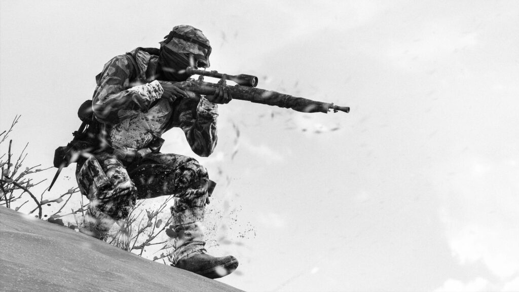 High-Res Black & White Soldier Sniping Wallpaper – Tense Landscape