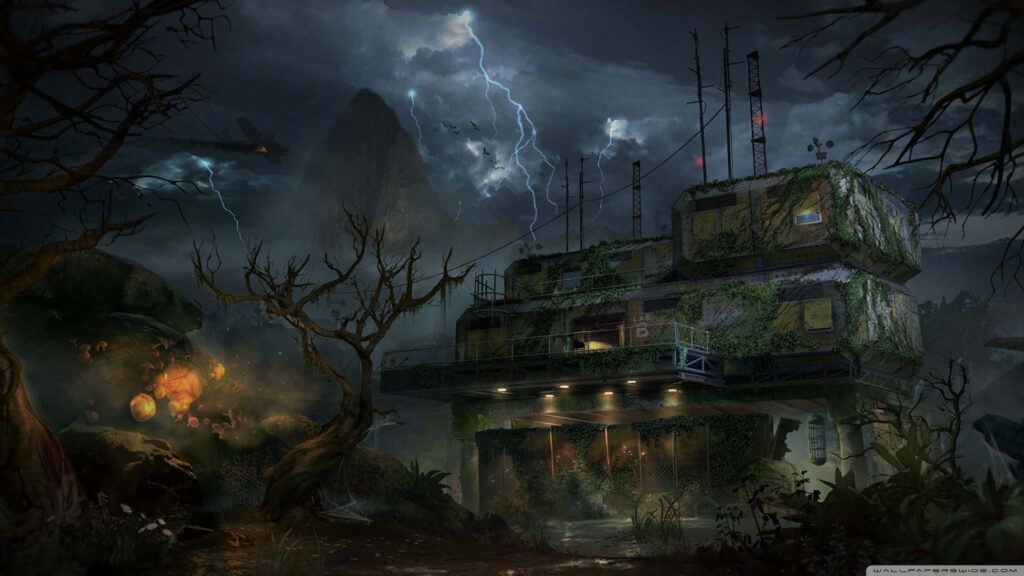 Intense military outpost in dark jungle setting - Call of Duty: Black Ops II background Wallpaper